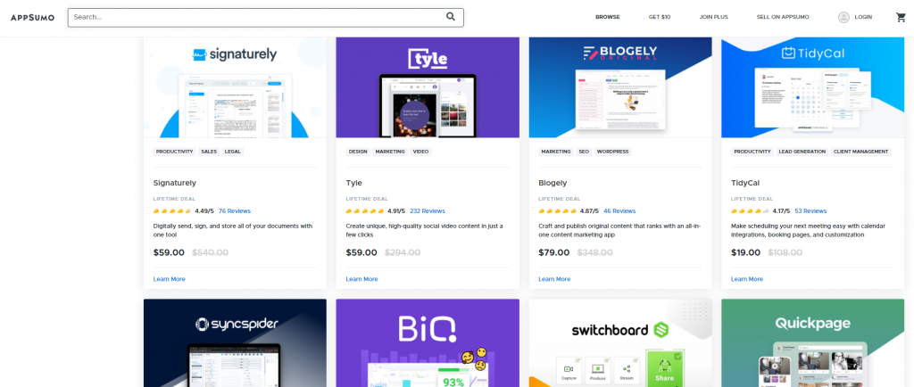 Page d'accueil d'AppSumo avec ses deals lifetime pour les outils SaaS